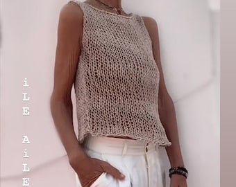 beige sheer knit tank top, linen vest, stripe top, loose weave summer sweater, custom colours available