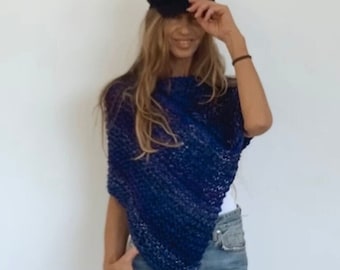 LISTO PARA ENVIAR poncho azul marino/azul/ombre/capa/raya/ético sostenible/hecho a mano/top