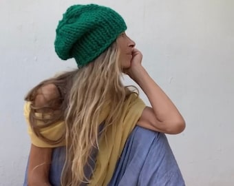 Emerald Green hat, Chunky beanie,  hand knit vegan friendly, READY TO SHIP