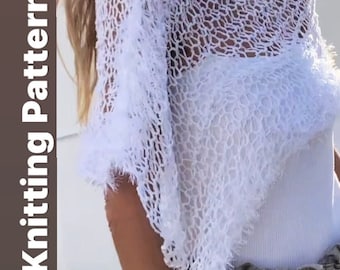 KNITTNG PATTERN for beginners sheer Poncho with faux fur trims/Pattern PDF/ Easy Knit Poncho/ summer /cover up/ English