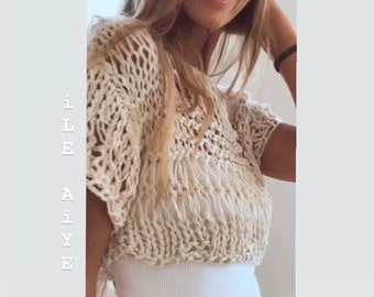 ivory cream cropped top with short cap sleeves loose knit summer sweater, vegan organic clothing