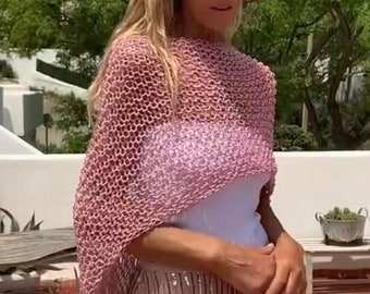 poncho rosa/algodón/tejido suelto/transparente/top rosa de verano/hecho a mano/tejido a mano