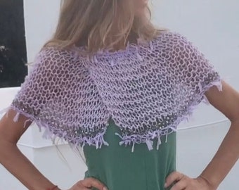 Lilac poncho/lavender capelet/ribbon hemline and neckline/purple top/summer knit/cape/loose weave/loose weave/sheer/handmade/hand knit