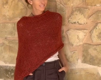 orange poncho alpaca poncho cover-up, sustainable ethical fashion, handmade knitwear size small medium ready to ship