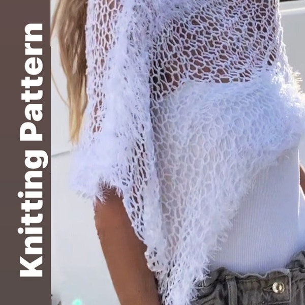 KNITTNG PATTERN for beginners sheer Poncho with faux fur trims/Pattern PDF/ Easy Knit Poncho/ summer /cover up/ English