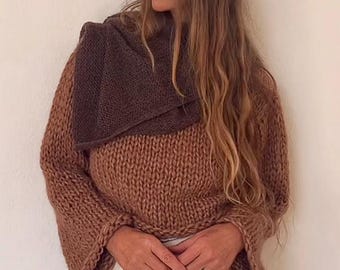 Brown Alpaca Cropped Sweater: Chunky Knit Pullover