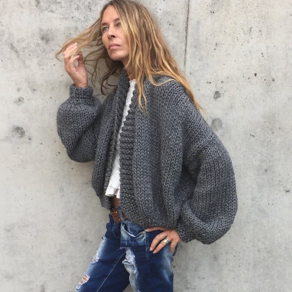 gray / Bomber jacket / chunky knit sweater /  hand knit / women's sweater / wool jacket / cardigan / puff sleeve