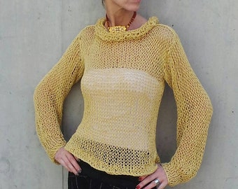 Yellow sweater, yellow summer loose knit sweater, yellow blouse sweater, light weight cotton linen sweater, puff sleeve