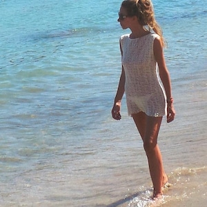 White Cotton Knit Beach Cover-Up: Boho Mini Dress