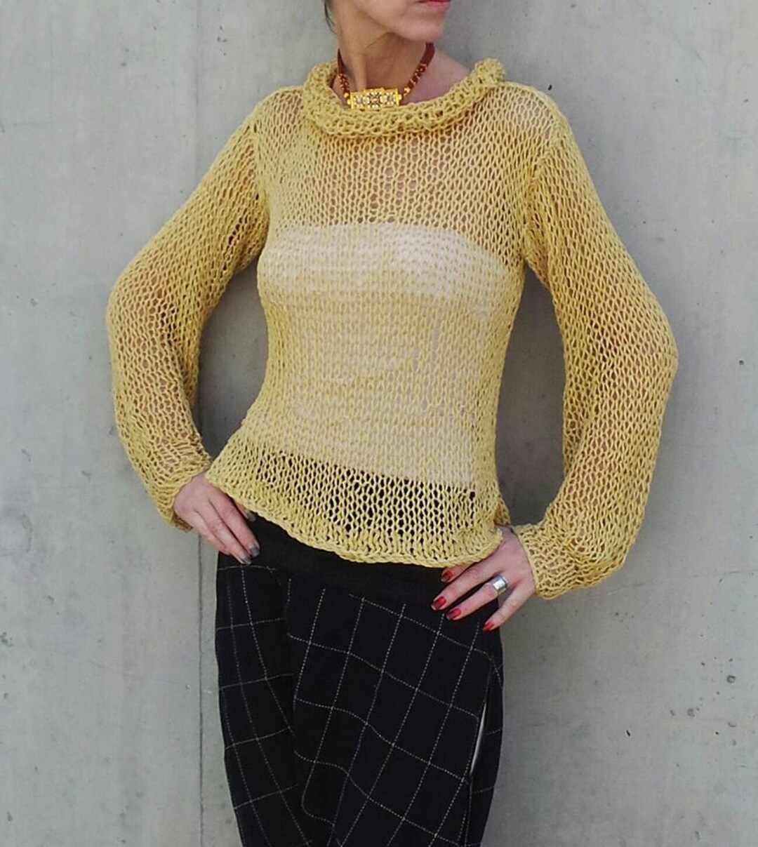 Yellow Sweater, Yellow Summer Loose Knit Sweater, Yellow Blouse Sweater ...