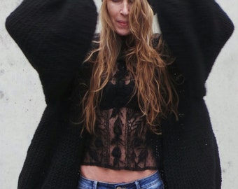 black sweater, over sized chunky cardigan women's chunky knit puff sleeves