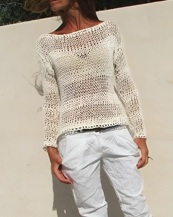 White Cotton Linen Sweater Mix Loose Knit Stripe Sweater Summer 