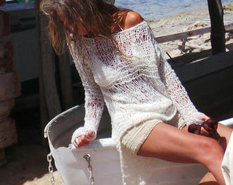 Alpaca Boho Knit Sweater: Ivory Open Weave, Thumb Hole Sleeves