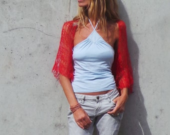 red summer shrug. loose knit, lightweight, hand knit, sheer ethereal bolero, hand knit