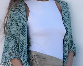 turquoise blue Handknit Linen Blend Bolero Shrug:  Summer Cardigan