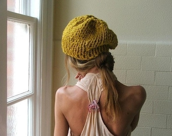 Mustard Yellow chunky knit hat beanie vegan, other shades green, black, brown, beige, blue, gray, orange, READY TO SHIP