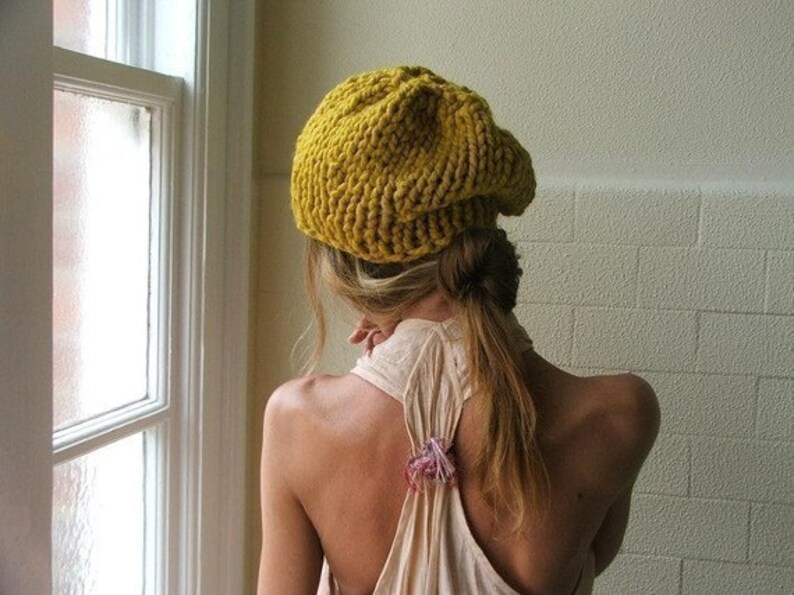Yellow chunky knit hat Mustard Yellow beanie hand knit vegan slouch golden Yellow