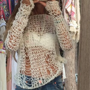 Alpaca Beige Sweater distressed sheer knit top/summer sweater/beachwear/bikini/cover up/loose knit/boho/ileaiye/handknit image 5