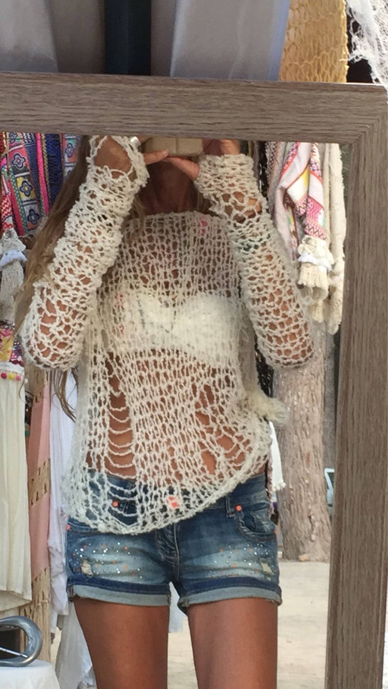 Alpaca Beige Sweater distressed sheer knit top/summer sweater/beachwear/bikini/cover up/loose knit/boho/ileaiye/handknit image 5