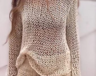 Handmade Ivory Cotton Knit Beach Cover-Up: Boho Slouchy Sweater