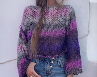 rainbow ombre beach wear, Crop top Lilac, silver, gray, purple,loose knit Women&#39;s sweater wide sleeves,  mixed color striped sweater, Y2K