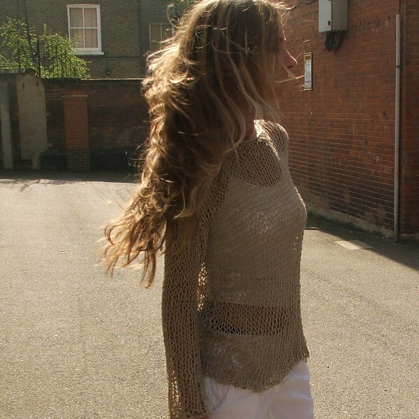 Khaki beige loose knit summer sweater in a cotton linen silk mix yarn LAST ONE in this shade