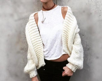 Hand Knit Alpaca Wool Blend Sweater: Chunky Ivory Bomber Cardigan