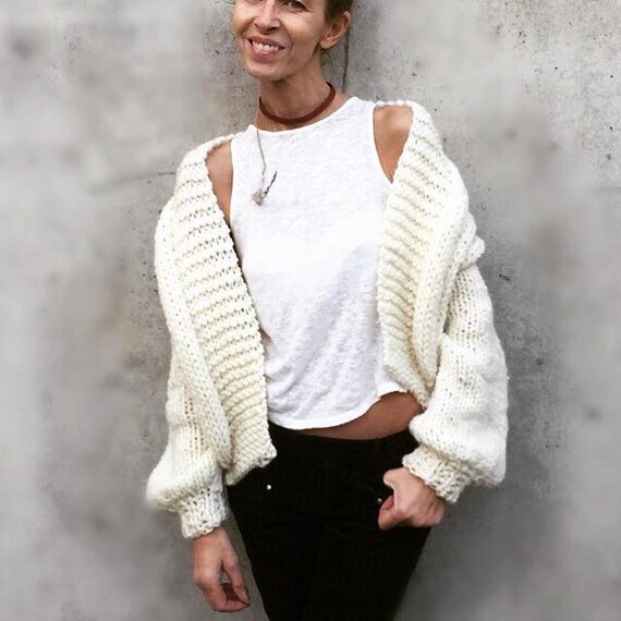 Women's Ivory Chunky Sweater Bomber Jacket Hand Knit - Etsy