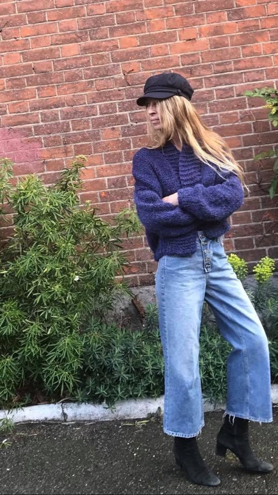 Alpaca navy blue sweater bomber jacket, women's blue chunky sweater, hand knit cardigan, alpaca mix,