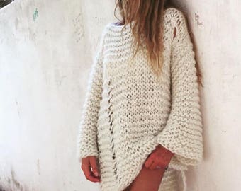 Ivory White, Loose Knit, Slouchy Sweater, Thumb Hole, Over-sized 