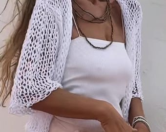 Bolero corto de lino tejido a mano: cárdigan blanco de verano