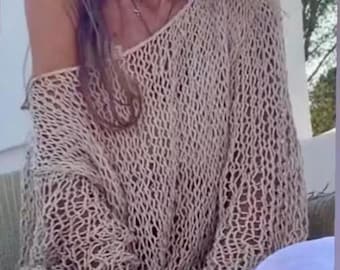 cotton sweater Light Beige crop top, beach wear, slouchy summer sweater, lightweight loose knit, dance yoga ballet, cotton top, crop sweater