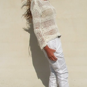 suéter blanco Mezcla de lino de algodón blanco suéter de rayas de punto suelto suéter de verano, jersey imagen 2