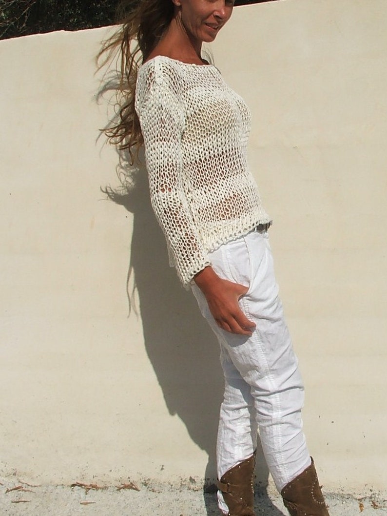 White Sweater White Cotton Mix Loose Knit Stripe Sweater - Etsy