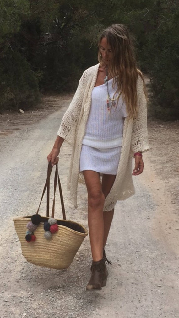 ileaiye Ivory Kimono / Beach Sweater / Women's Cardigan / Loose Knit / Wide Sleeve / Cream Sweater