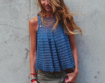 blue swing tank top, cotton and linen summer top