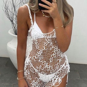 White beach dress boho bikini cover up backless dress sheer knit dress image 5