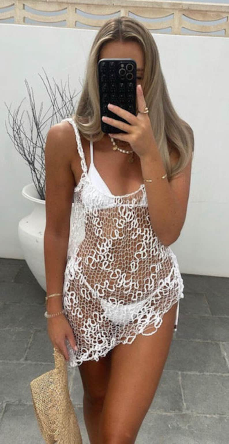 White beach dress boho bikini cover up backless dress sheer knit dress image 5