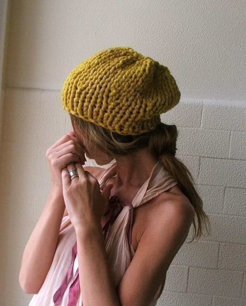 Yellow chunky knit hat Mustard Yellow beanie hand knit vegan slouch golden Yellow