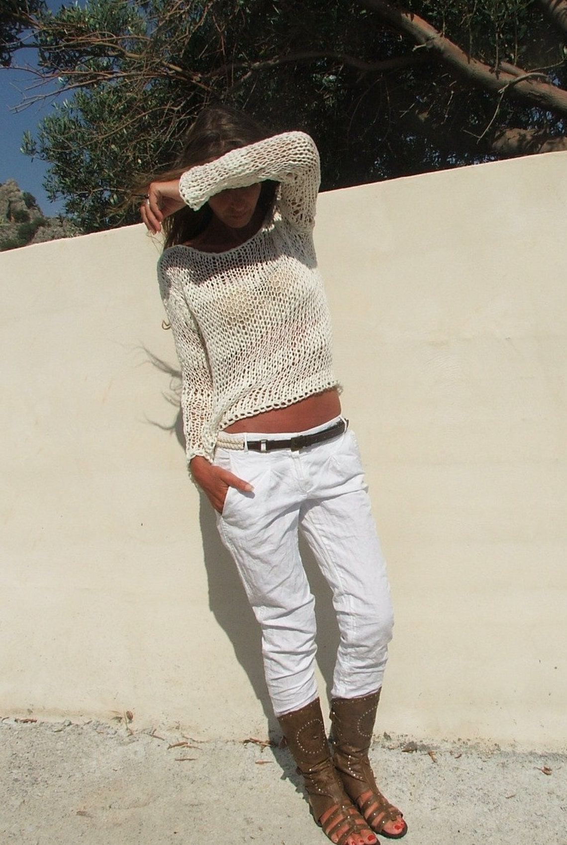 White Sweater White Cotton Mix Loose Knit Stripe Sweater - Etsy