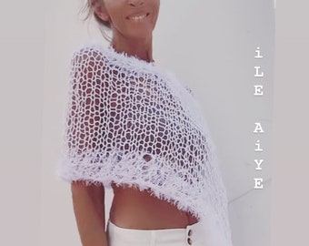 White linen poncho, sheer summer knit cover up, loose weave, loose knit, faux fur trim, wedding