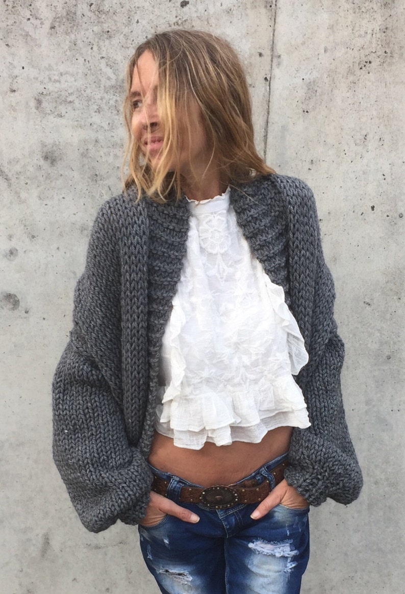 Gray Bomber jacket chunky knit sweater hand knit women's Etsy