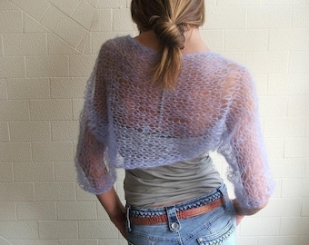 lilac bolero shrug/lightweight, loose knit, summer, ethereal, sheer