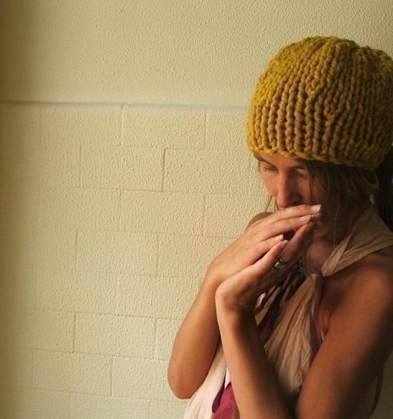 Yellow chunky knit hat Mustard Yellow beanie hand knit vegan slouch golden Yellow