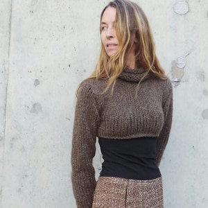 Alpaca brown sweater, slim fit cropped alpaca sweater, pullover, long sleeved, winter crop top, winter sweater