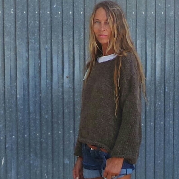 Brown Handknit Alpaca Sweater: Women's Slouchy Oversized Pullover