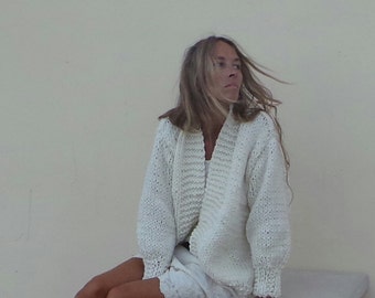suéter grueso de marfil para mujer, suéter tejido a mano blanco, cárdigan,