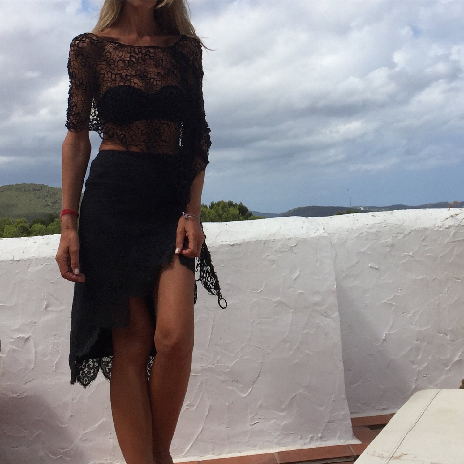 Black Poncho/sheer Knit/open Weave/summer Cover Up/vegan