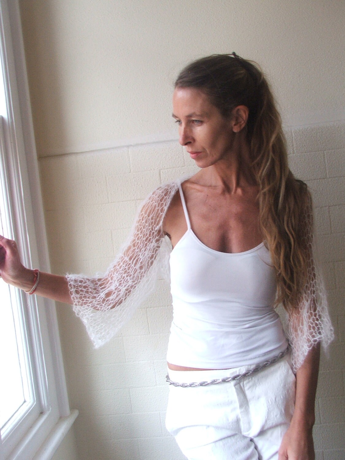 BOLERO SHEER KNIT  【Ameri】 White Sheer Knit Bolero Shrug, Ivory, Ethereal, Bridal