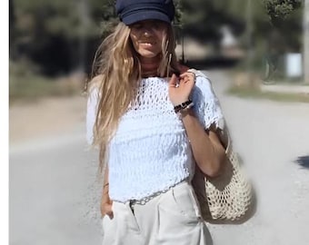 White Knit Cotton Top Hand Knit Cotton Top Summer Cotton Top Mesh